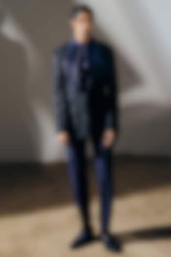 Navy Blue Silk Wool Blend Cutwork Tuxedo Set by Amaare at Pernia's Pop Up Shop