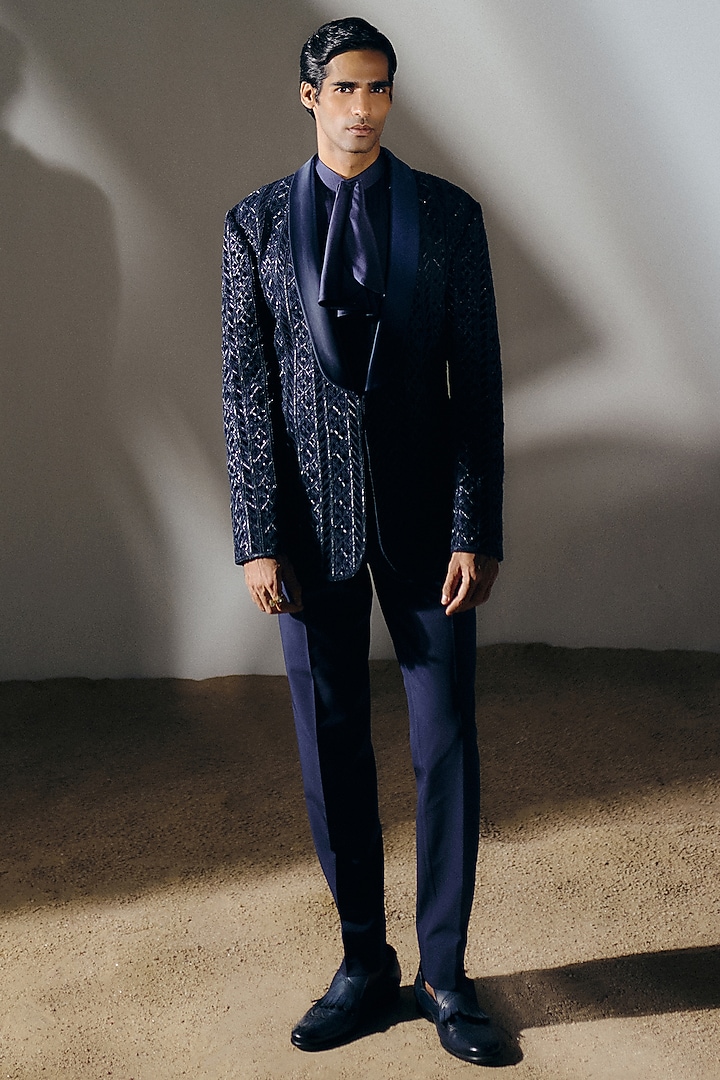 Navy Blue Silk Wool Blend Cutwork Tuxedo Set by Amaare at Pernia's Pop Up Shop