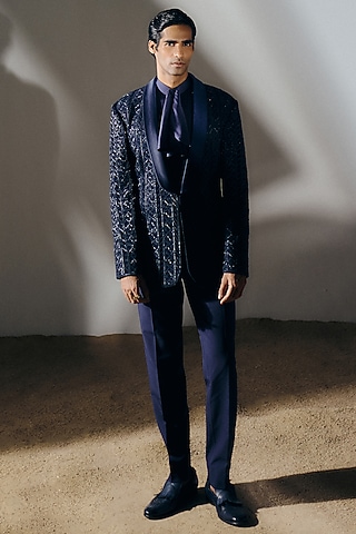 Navy Blue Silk Wool Blend Cutwork Tuxedo Set by Amaare