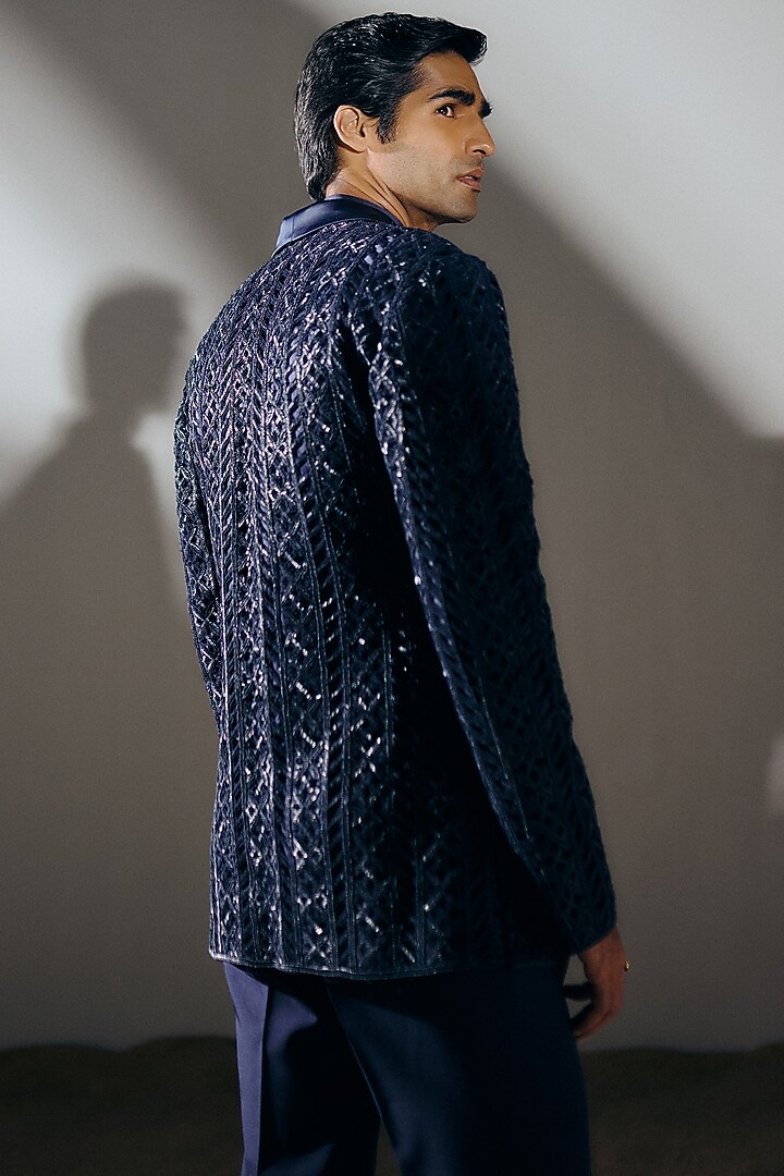 Navy Blue Silk Wool Blend Cutwork Tuxedo Set by Amaare at Pernia's Pop Up Shop