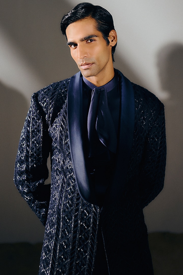 Navy Blue Silk Wool Blend Cutwork Tuxedo Set by Amaare at Pernia's Pop Up Shop