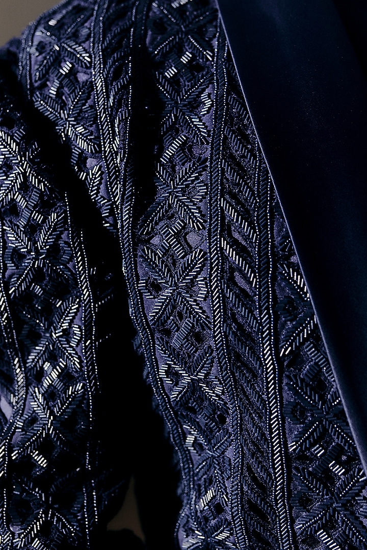 Navy Blue Silk Wool Blend Cutwork Tuxedo Set by Amaare at Pernia's Pop Up Shop