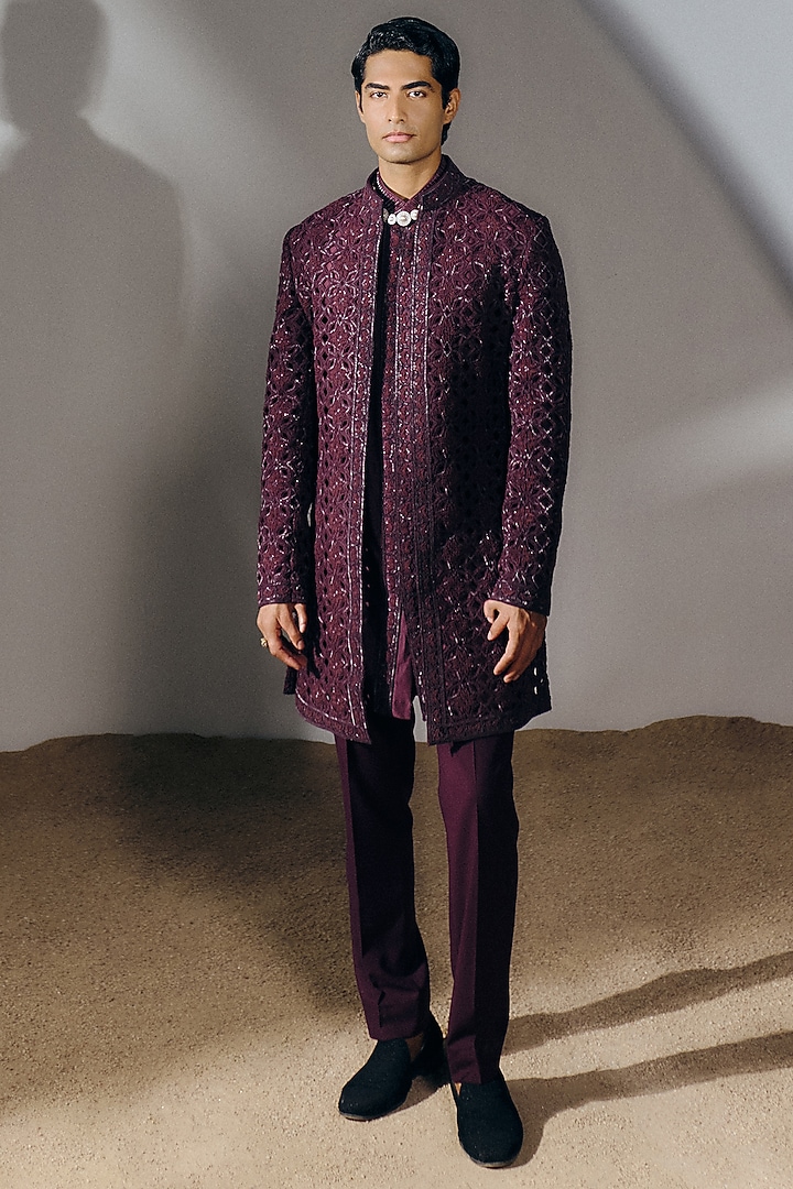Deep Wine Silk Wool Blend Sequins Embroidered Indo-Western Set by Amaare at Pernia's Pop Up Shop