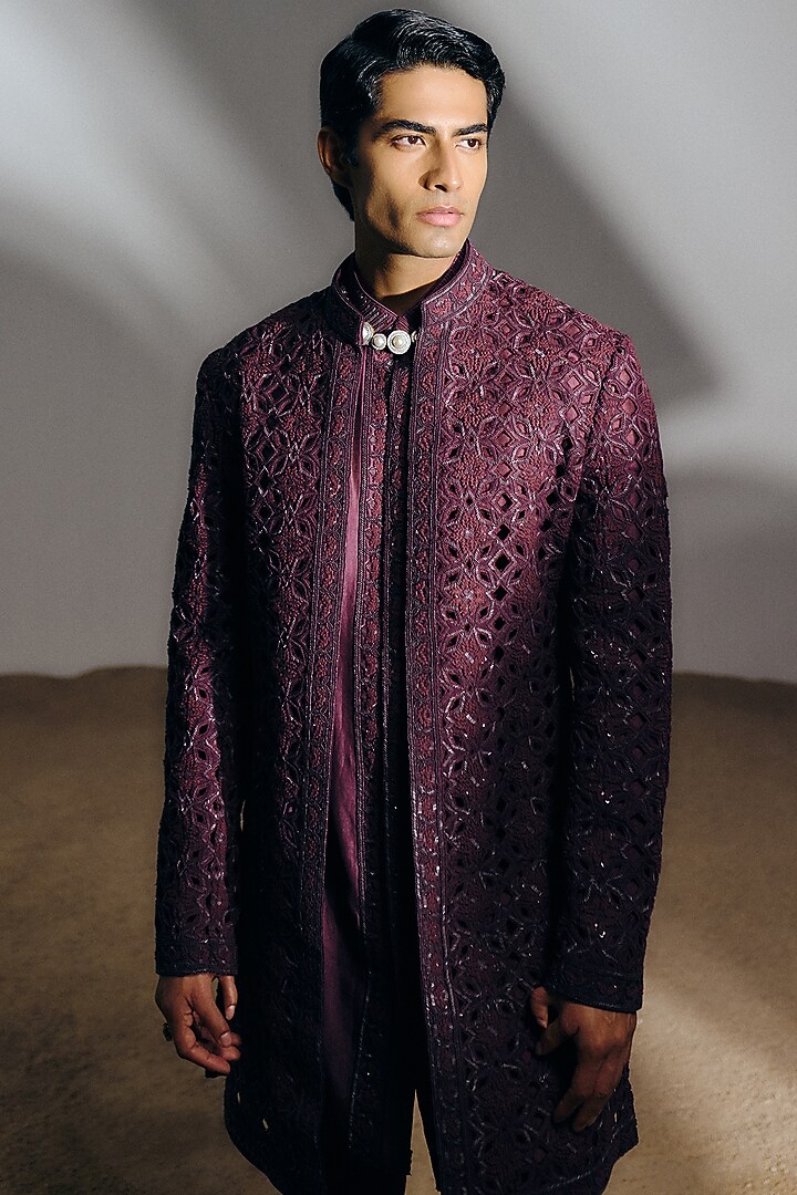 Deep Wine Silk Wool Blend Sequins Embroidered Indo-Western Set by Amaare at Pernia's Pop Up Shop