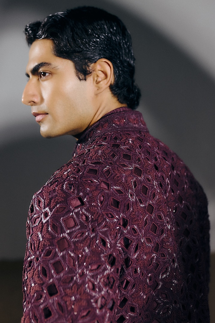 Deep Wine Silk Wool Blend Sequins Embroidered Indo-Western Set by Amaare at Pernia's Pop Up Shop