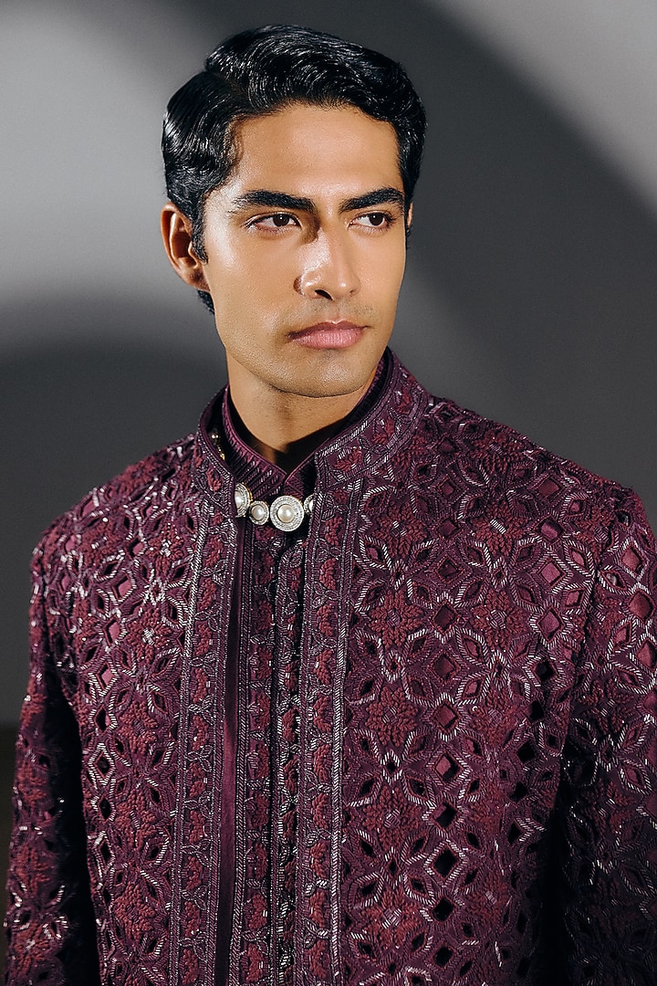 Deep Wine Silk Wool Blend Sequins Embroidered Indo-Western Set by Amaare at Pernia's Pop Up Shop