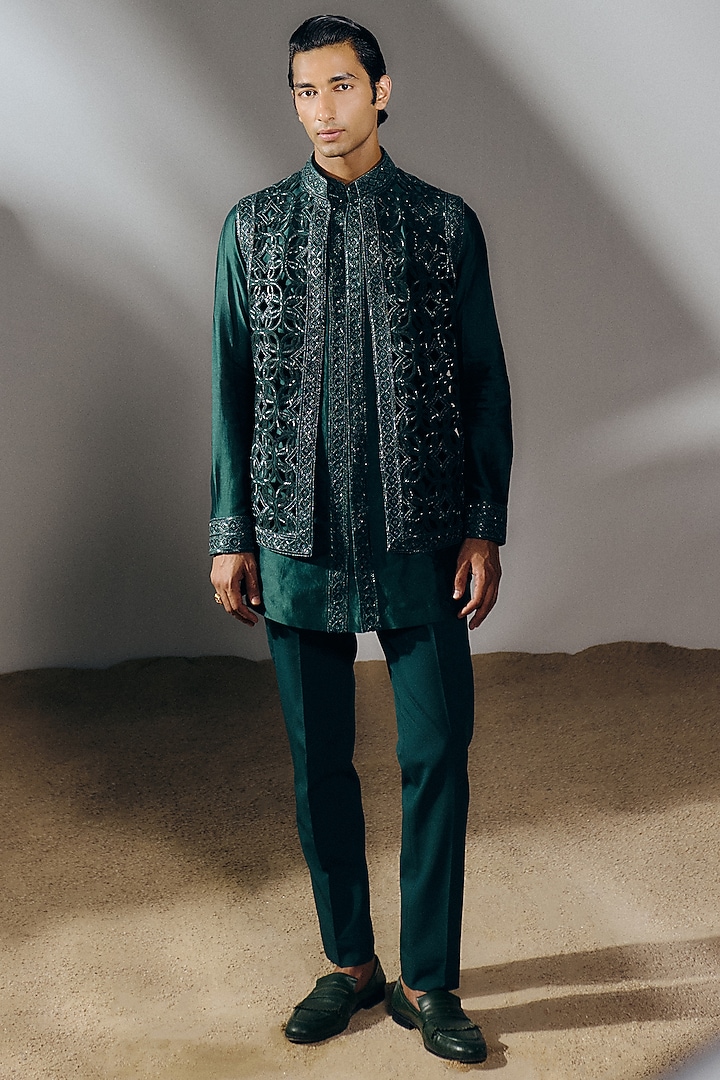 Forest Green Silk Wool Blend Cutwork Embroidered Nehru Jacket Set by Amaare at Pernia's Pop Up Shop