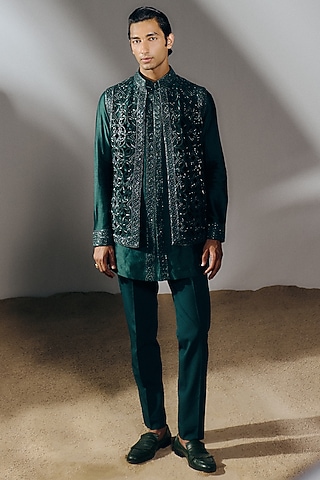 Forest Green Silk Wool Blend Cutwork Embroidered Nehru Jacket Set by Amaare