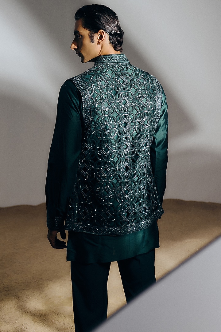 Forest Green Silk Wool Blend Cutwork Embroidered Nehru Jacket Set by Amaare at Pernia's Pop Up Shop
