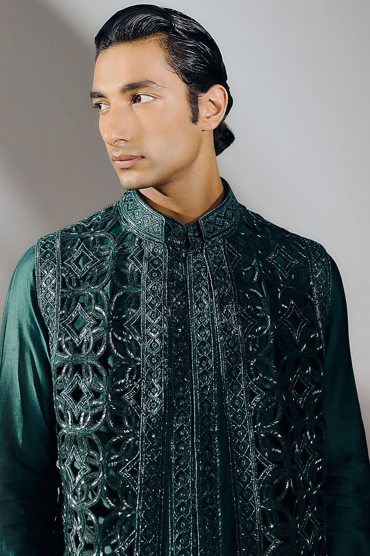 Forest Green Silk Wool Blend Cutwork Embroidered Nehru Jacket Set by Amaare at Pernia's Pop Up Shop