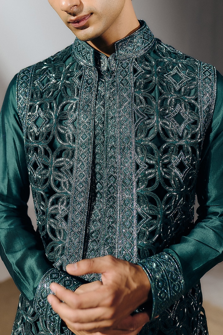 Forest Green Silk Wool Blend Cutwork Embroidered Nehru Jacket Set by Amaare at Pernia's Pop Up Shop