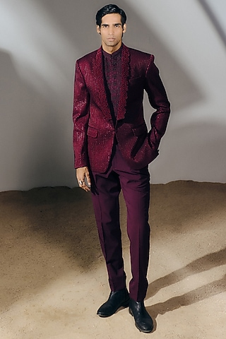 Deep Wine Silk Wool Blend Tuxedo Set by Amaare