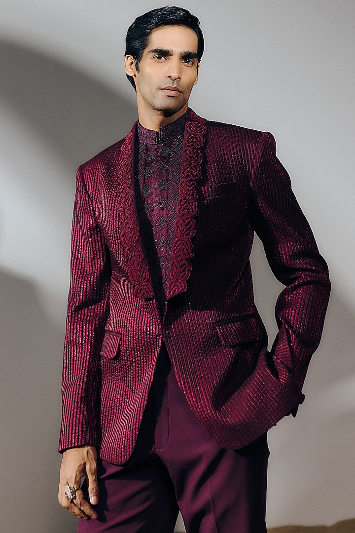 Deep Wine Silk Wool Blend Tuxedo Set by Amaare at Pernia's Pop Up Shop