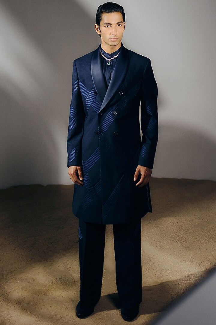 Navy Blue Silk Wool Blend Pintucks Trench Coat Set by Amaare at Pernia's Pop Up Shop