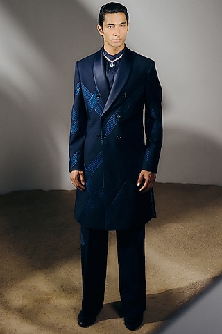 Navy Blue Silk Wool Blend Pintucks Trench Coat Set by Amaare