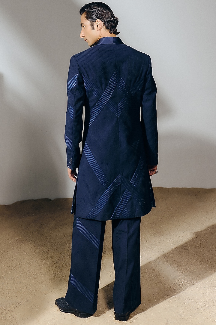Navy Blue Silk Wool Blend Pintucks Trench Coat Set by Amaare at Pernia's Pop Up Shop