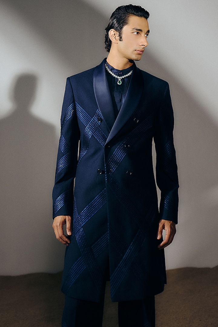 Navy Blue Silk Wool Blend Pintucks Trench Coat Set by Amaare at Pernia's Pop Up Shop