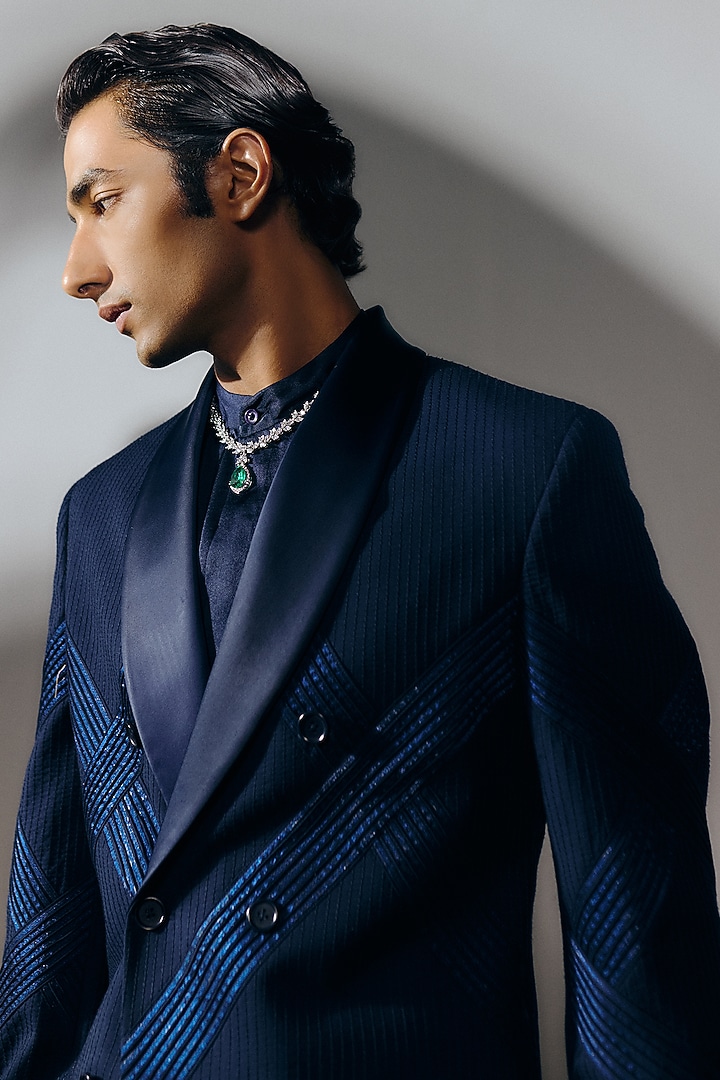 Navy Blue Silk Wool Blend Pintucks Trench Coat Set by Amaare at Pernia's Pop Up Shop