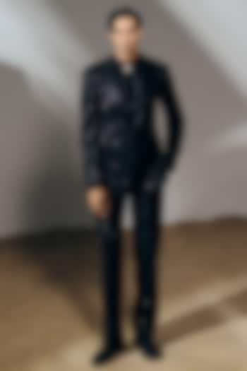 Black Silk Wool Blend Sequins Embroidered Tuxedo Set by Amaare at Pernia's Pop Up Shop