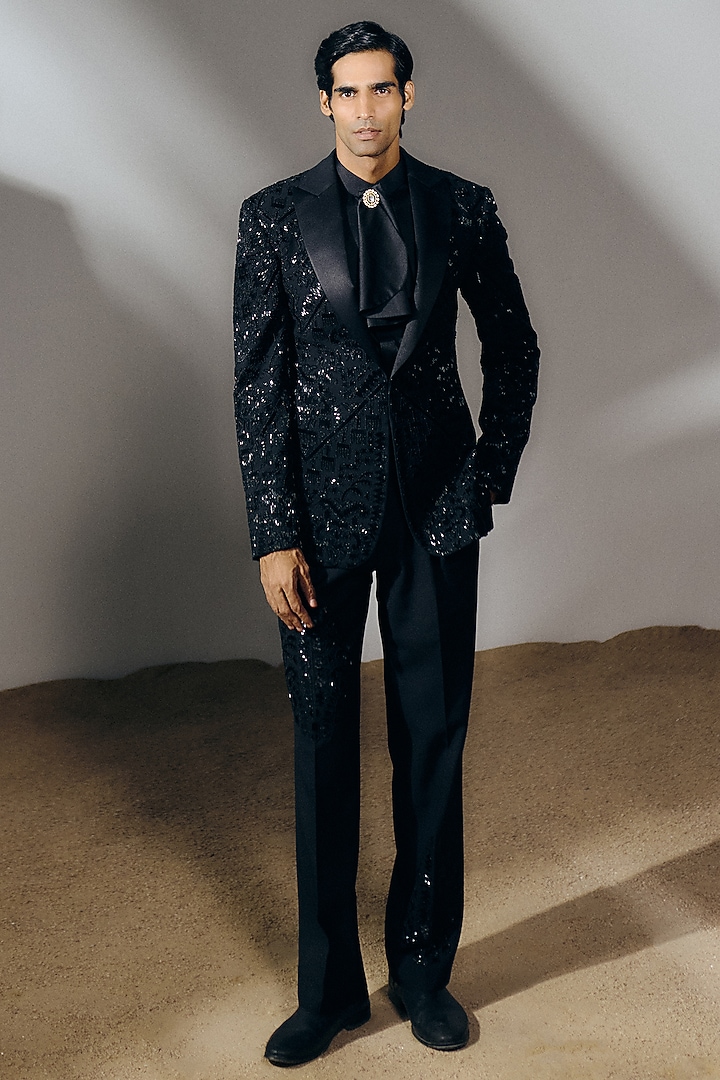 Black Silk Wool Blend Sequins Embroidered Tuxedo Set by Amaare at Pernia's Pop Up Shop