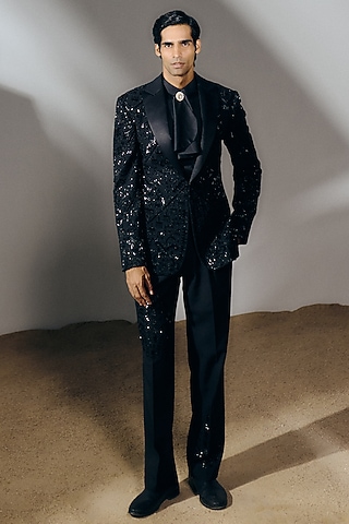 Black Silk Wool Blend Sequins Embroidered Tuxedo Set by Amaare