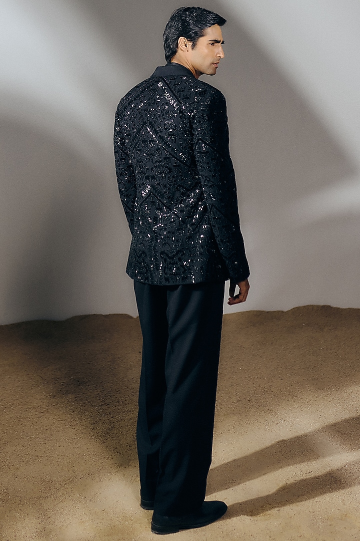 Black Silk Wool Blend Sequins Embroidered Tuxedo Set by Amaare at Pernia's Pop Up Shop