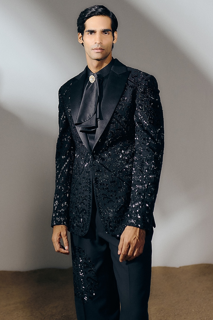 Black Silk Wool Blend Sequins Embroidered Tuxedo Set by Amaare at Pernia's Pop Up Shop