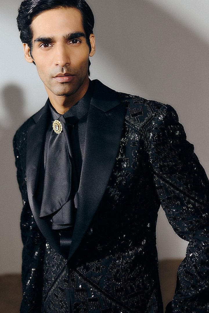 Black Silk Wool Blend Sequins Embroidered Tuxedo Set by Amaare at Pernia's Pop Up Shop
