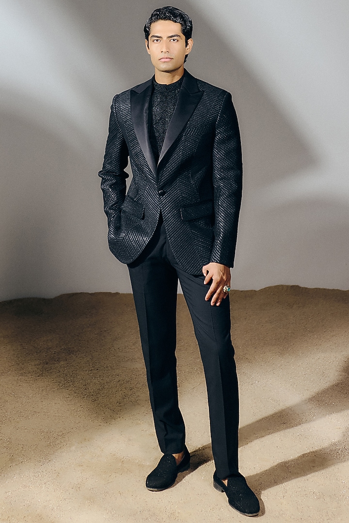 Black Silk Wool Blend Gota Embroidered Tuxedo Set by Amaare at Pernia's Pop Up Shop