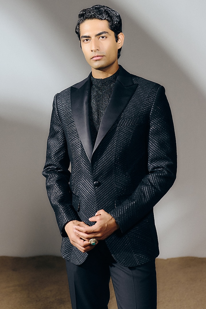 Black Silk Wool Blend Gota Embroidered Tuxedo Set by Amaare at Pernia's Pop Up Shop
