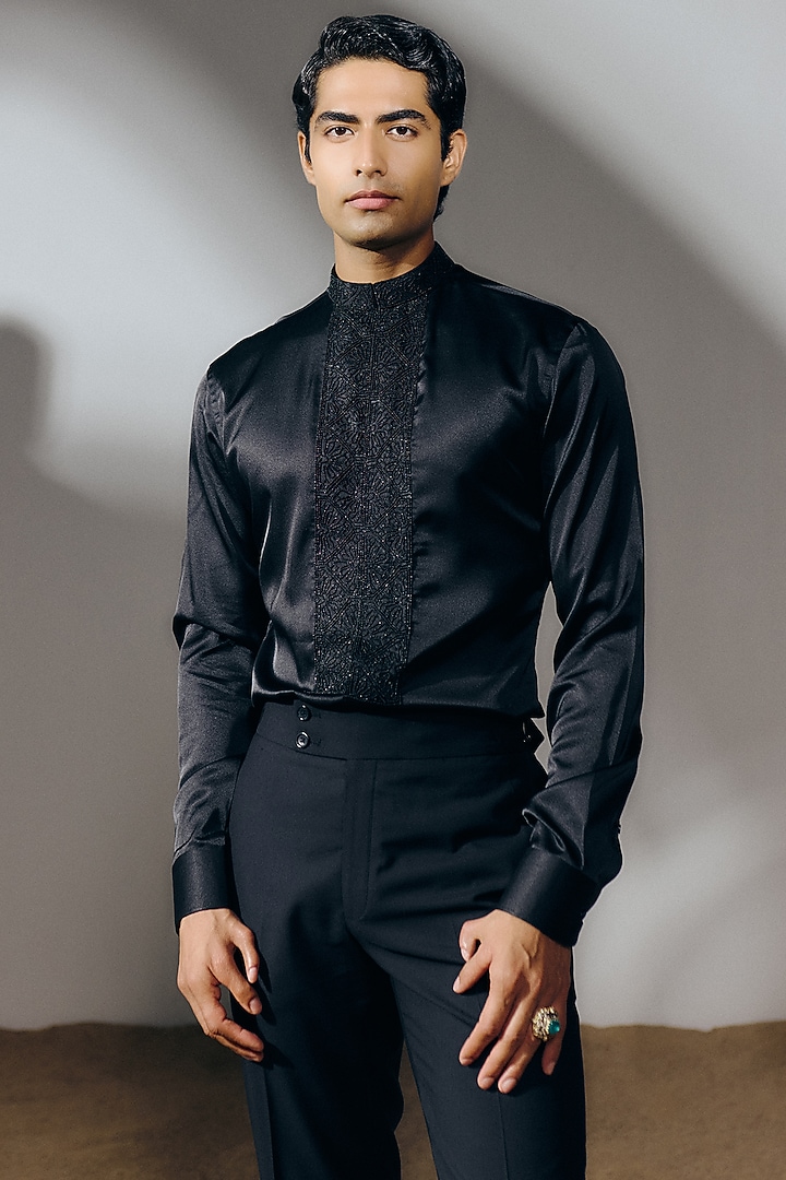 Black Silk Wool Blend Gota Embroidered Tuxedo Set by Amaare at Pernia's Pop Up Shop