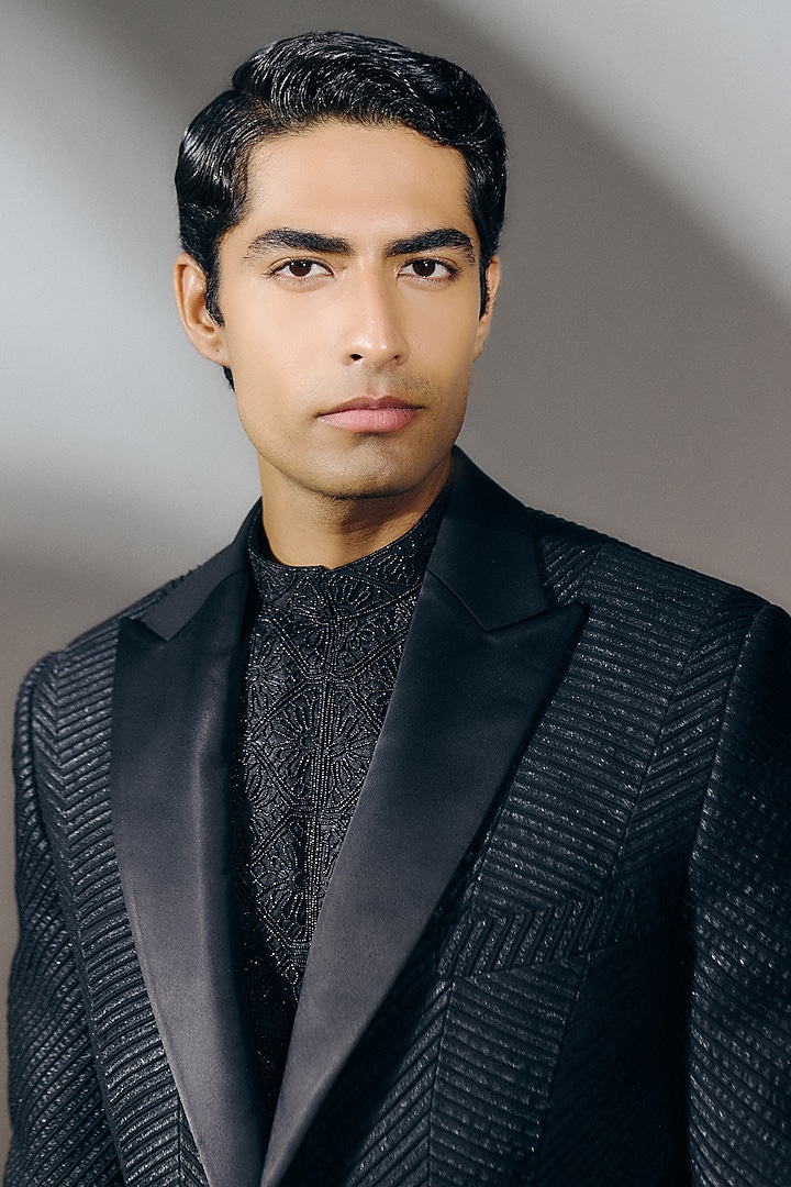 Black Silk Wool Blend Gota Embroidered Tuxedo Set by Amaare at Pernia's Pop Up Shop