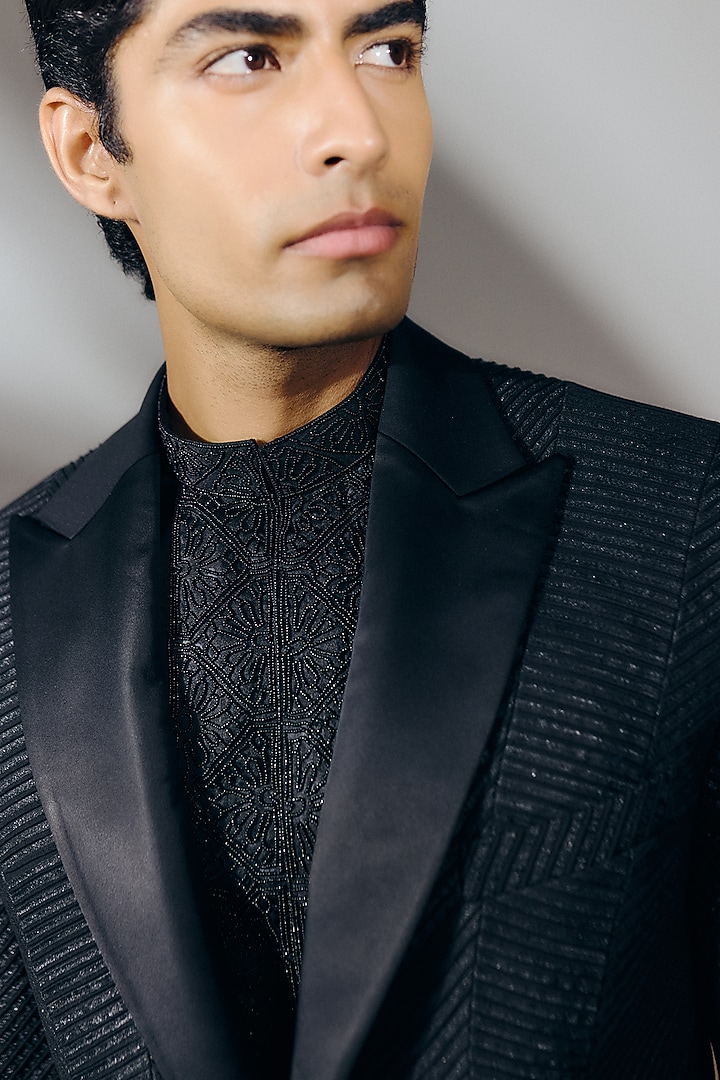 Black Silk Wool Blend Gota Embroidered Tuxedo Set by Amaare at Pernia's Pop Up Shop