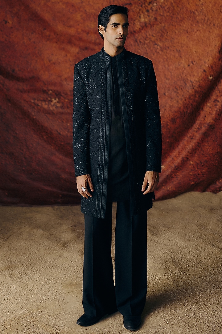 Black Silk Wool Blend Sequins Embroidered Indo-Western Set by Amaare at Pernia's Pop Up Shop