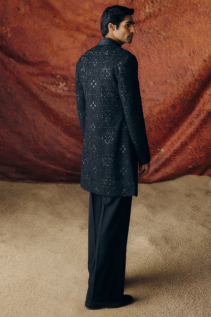 Black Silk Wool Blend Sequins Embroidered Indo-Western Set by Amaare at Pernia's Pop Up Shop