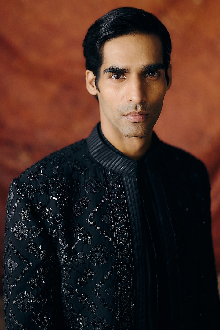 Black Silk Wool Blend Sequins Embroidered Indo-Western Set by Amaare at Pernia's Pop Up Shop