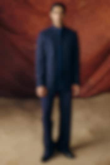 Navy Blue Silk Wool Blend Sequins Embroidered Groom Bandhgala Set by Amaare at Pernia's Pop Up Shop