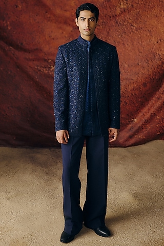 Navy Blue Silk Wool Blend Sequins Embroidered Bandhgala Set by Amaare