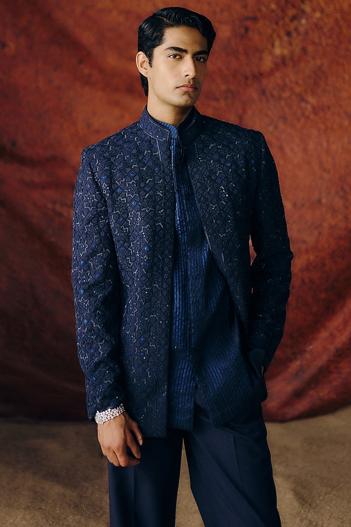 Navy Blue Silk Wool Blend Sequins Embroidered Groom Bandhgala Set by Amaare at Pernia's Pop Up Shop