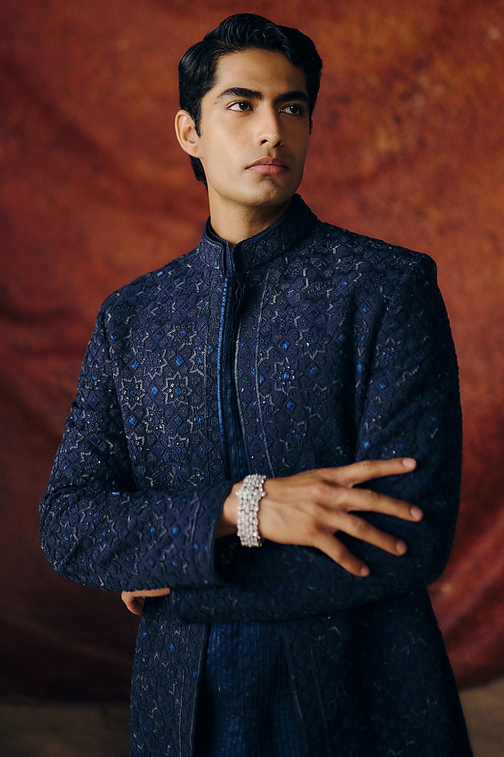 Navy Blue Silk Wool Blend Sequins Embroidered Groom Bandhgala Set by Amaare at Pernia's Pop Up Shop