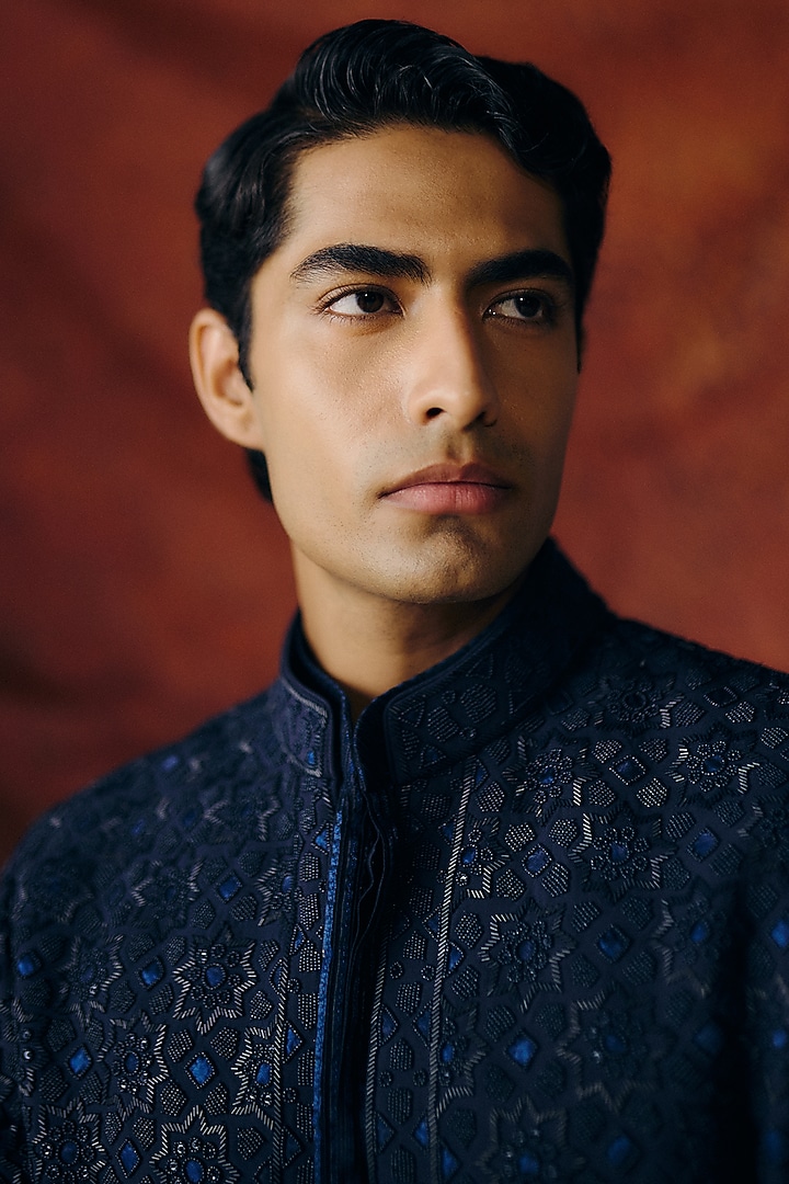 Navy Blue Silk Wool Blend Sequins Embroidered Groom Bandhgala Set by Amaare at Pernia's Pop Up Shop