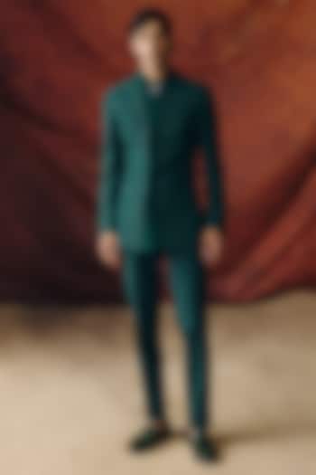 Forest Green Silk Wool Blend Sequins Embroidered Groom Bandhgala Set by Amaare at Pernia's Pop Up Shop