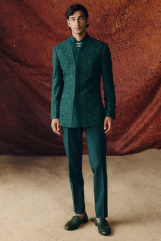 Forest Green Silk Wool Blend Sequins Embroidered Bandhgala Set by Amaare