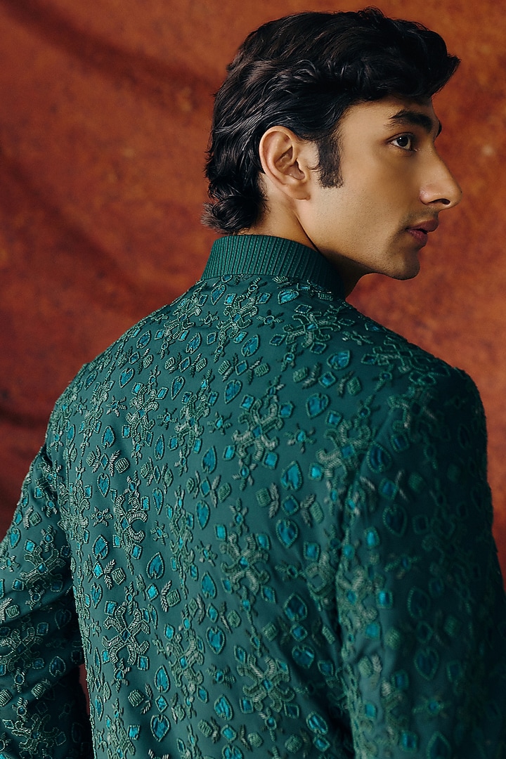 Forest Green Silk Wool Blend Sequins Embroidered Groom Bandhgala Set by Amaare at Pernia's Pop Up Shop