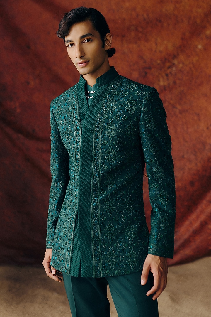 Forest Green Silk Wool Blend Sequins Embroidered Groom Bandhgala Set by Amaare at Pernia's Pop Up Shop