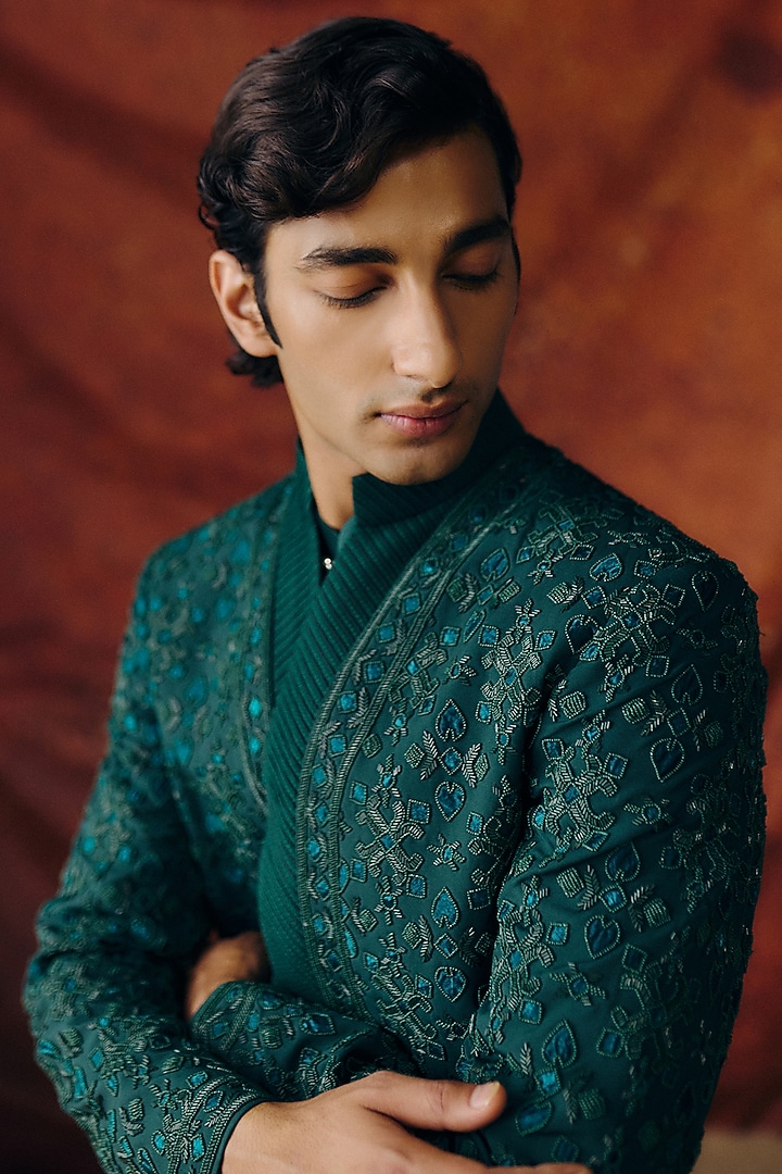 Forest Green Silk Wool Blend Sequins Embroidered Groom Bandhgala Set by Amaare at Pernia's Pop Up Shop