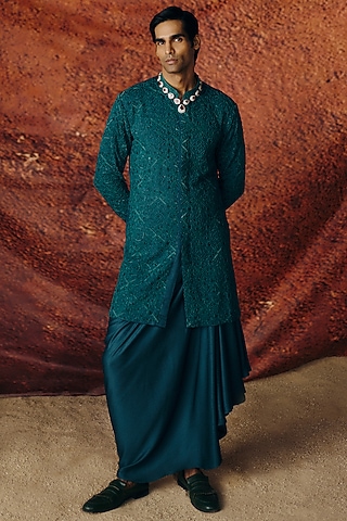 Forest Green Silk Satin Sequins Embroidered Kurta Set by Amaare