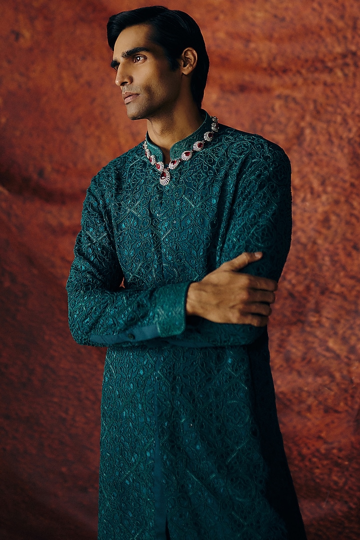Forest Green Silk Satin Sequins Embroidered Kurta Set by Amaare at Pernia's Pop Up Shop