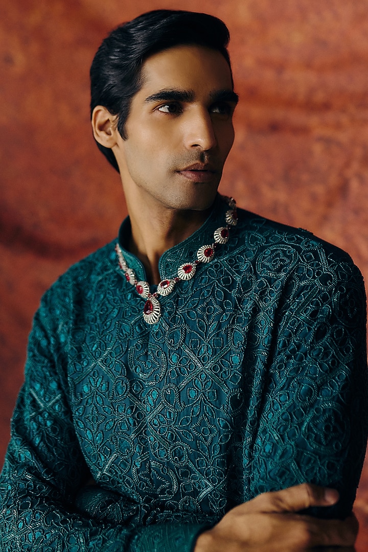 Forest Green Silk Satin Sequins Embroidered Kurta Set by Amaare at Pernia's Pop Up Shop