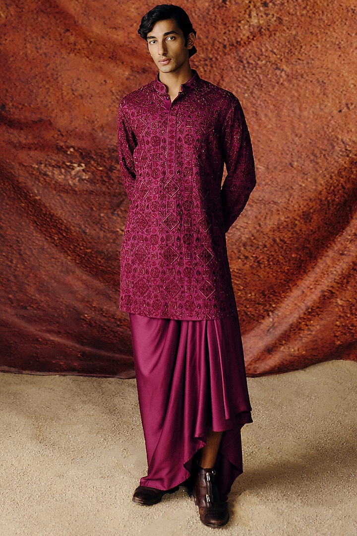 Deep Wine Silk Satin Sequins Embroidered Kurta Set by Amaare at Pernia's Pop Up Shop